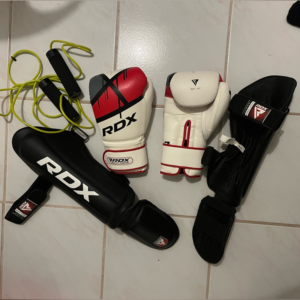 RDX boxing gloves, jump rope (with WEIGHTS) and shin guards